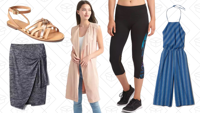 Leather Lattice Sandals, $28 | Softspun Wrap Knot Skirt, $28 | Tencel Belted Trench Vest, $58 | gFast Blackout Mesh Print Panel Capris, $34 | Stripe Apron-Neck Culotte Jumpsuit, $51
